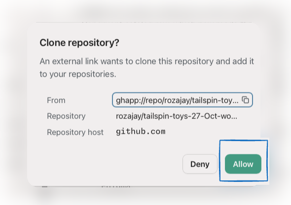 Clone repository confirmation dialog with the Allow button highlighted