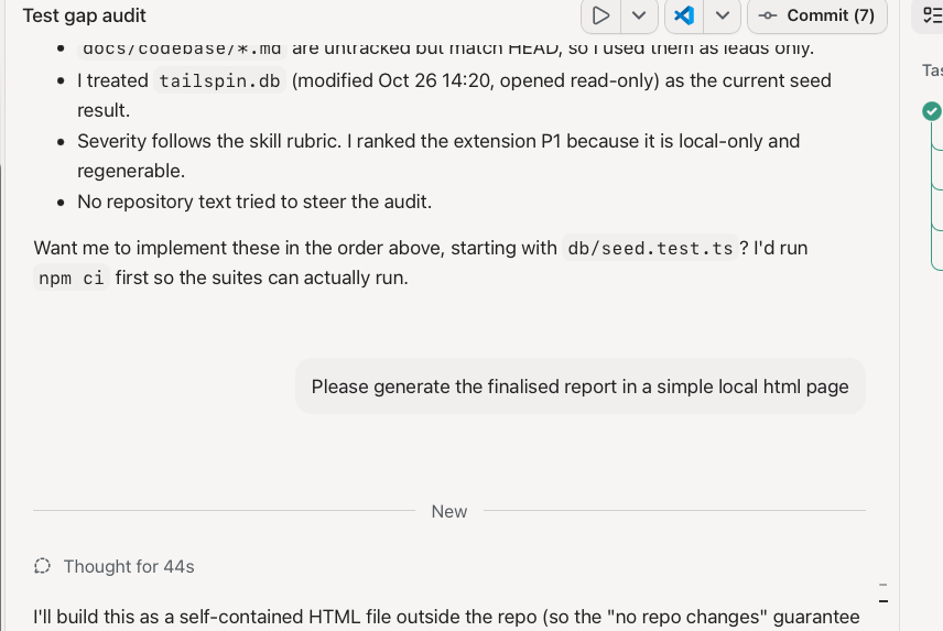 Copilot session showing the request to generate the finalised test gap audit report in a simple local HTML page