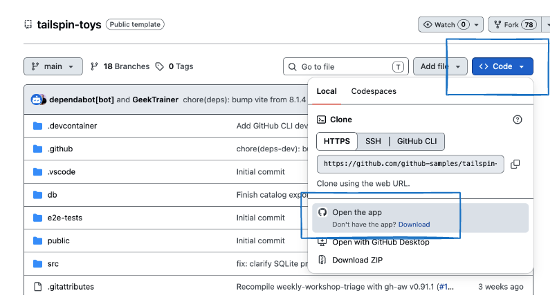 Tailspin Toys repository with the Code menu and Open the app option highlighted