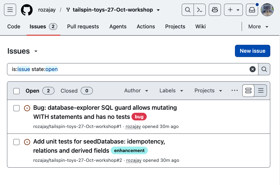 Repository Issues tab showing two published issues: the database-explorer SQL guard gap and missing seedDatabase unit tests