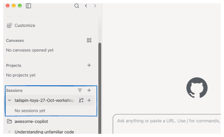 App sidebar showing the repository under Sessions with No sessions yet